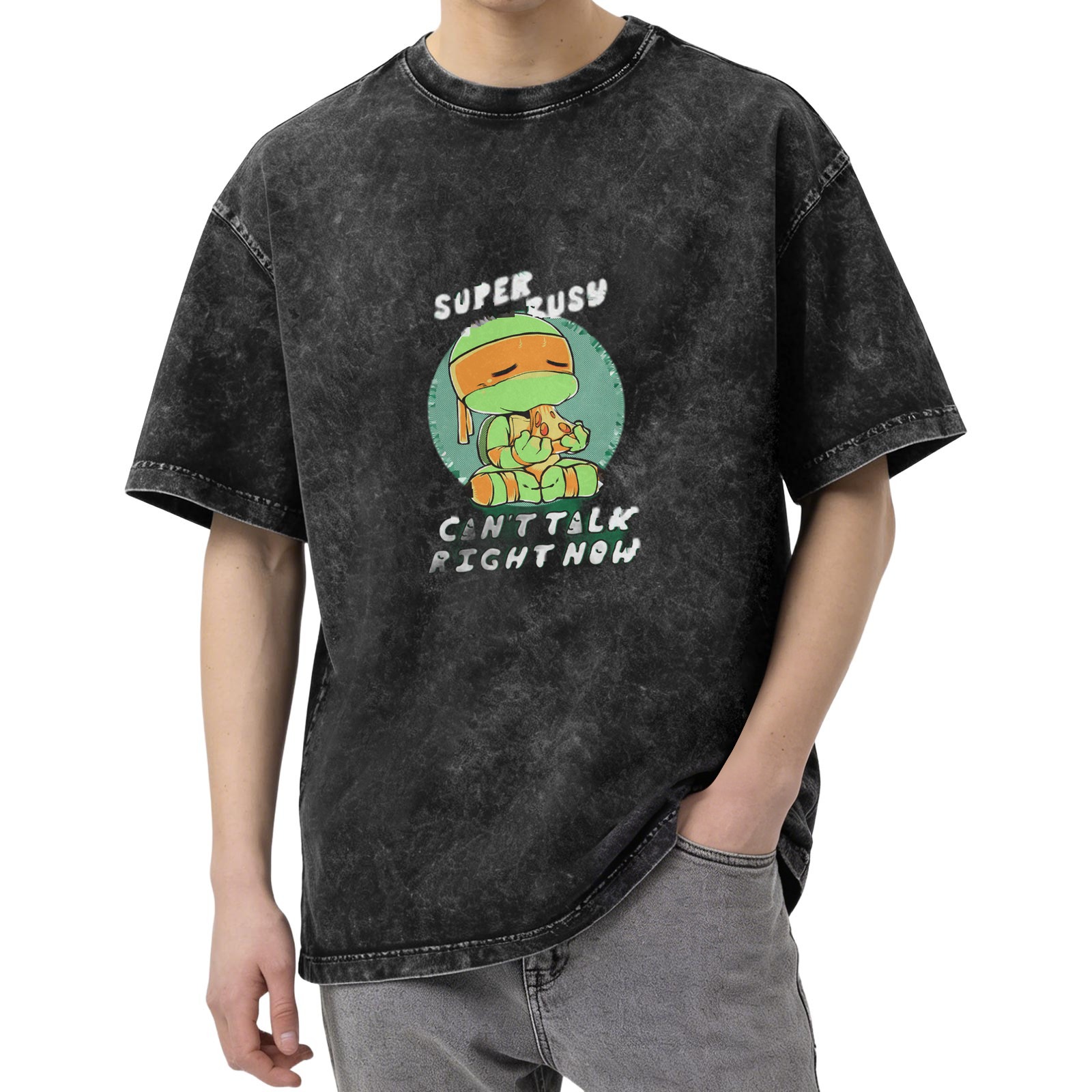 Distressed washed Teenage Mutant Ninja Turtles themed casual T-shirt Fun text printed loose short-sleeved top