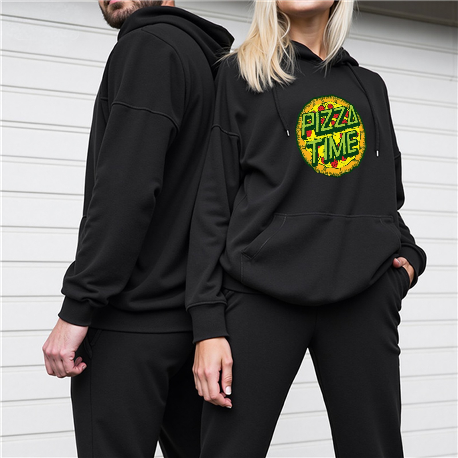 Black Hoodie with Pizza Time Graphic Print