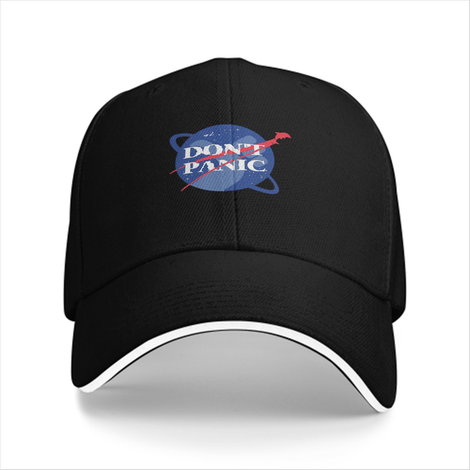 Black baseball cap with Don't Panic NASA-style space graphic
