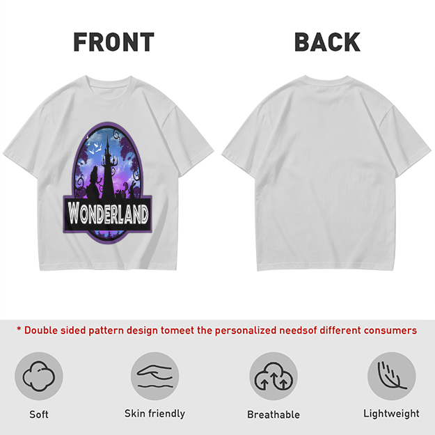 Olive green t-shirt with Wonderland fantasy castle graphic print