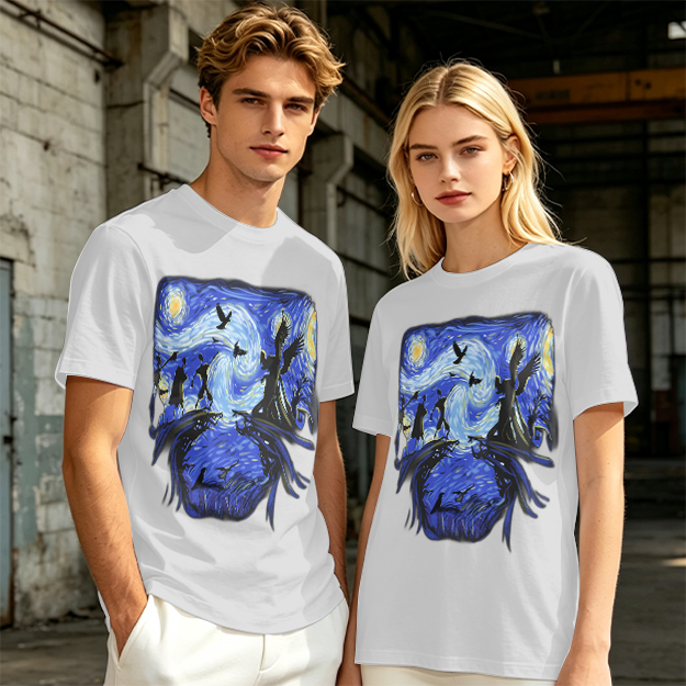 Olive T-Shirt with Starry Night Style Fantasy Art Print