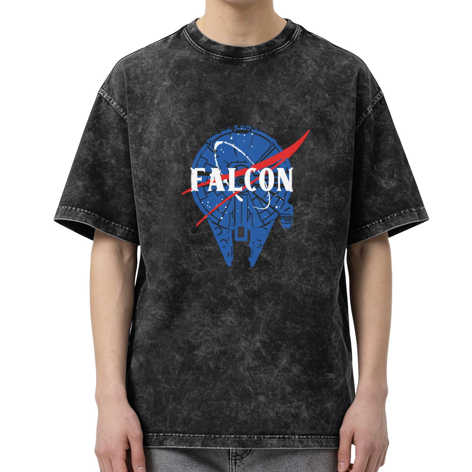 Distressed black Star Wars Millennium Falcon NASA style printed short-sleeved T-shirt Loose washed crew neck top