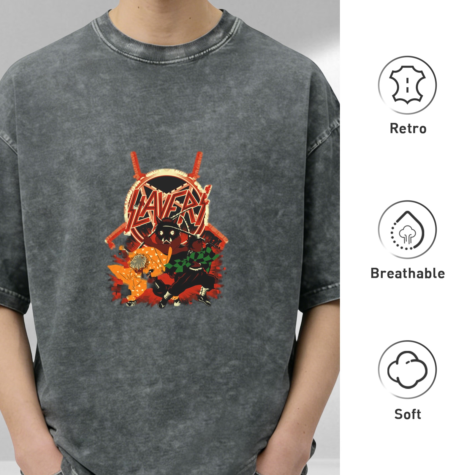 Washed Black Anime Demon Slayer Slayer Band Graphic T-Shirt