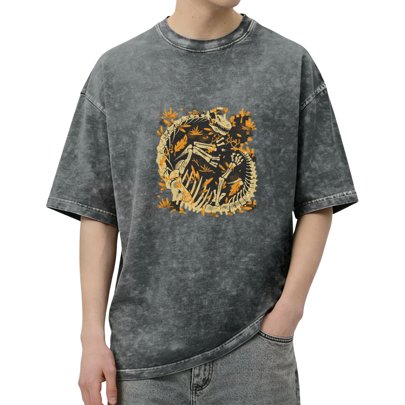 Oversized Acid Wash T-Shirt with Dinosaur Skeleton Fossil Print