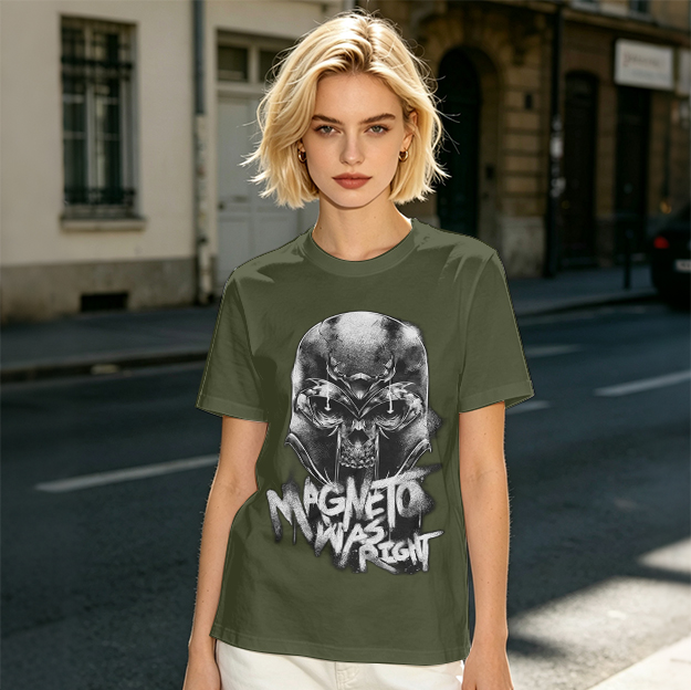 Olive Magneto Graphic T-Shirt with 'Magneto Was Right' Print