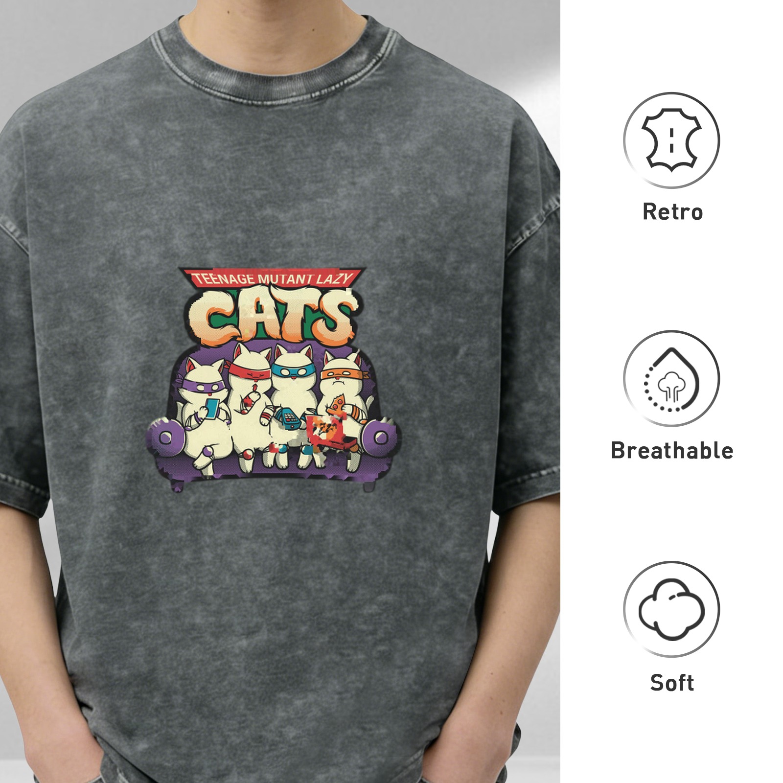 Teenage Mutant Lazy Cats Graphic Stonewashed Black T-Shirt
