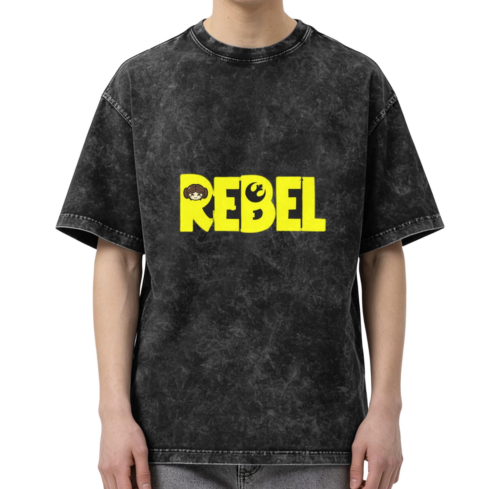 Washed Black Rebel Graphic T-Shirt with Princess Leia Art