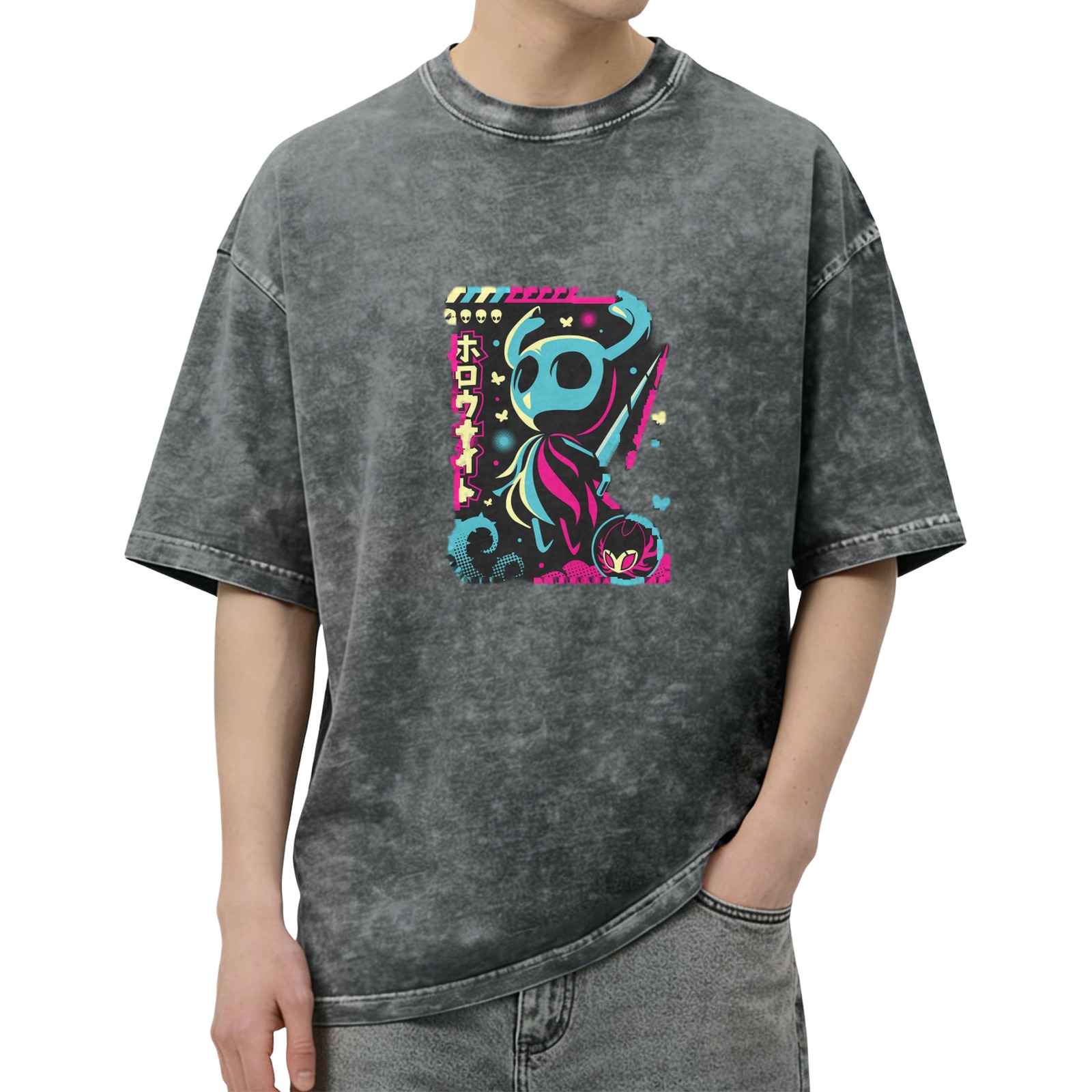 Hollow Knight Neon Graphic Acid Wash Cotton T-Shirt