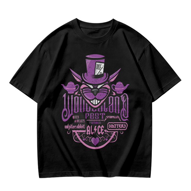 Olive T-Shirt with Wonderland Cheshire Cat Mad Hatter Print