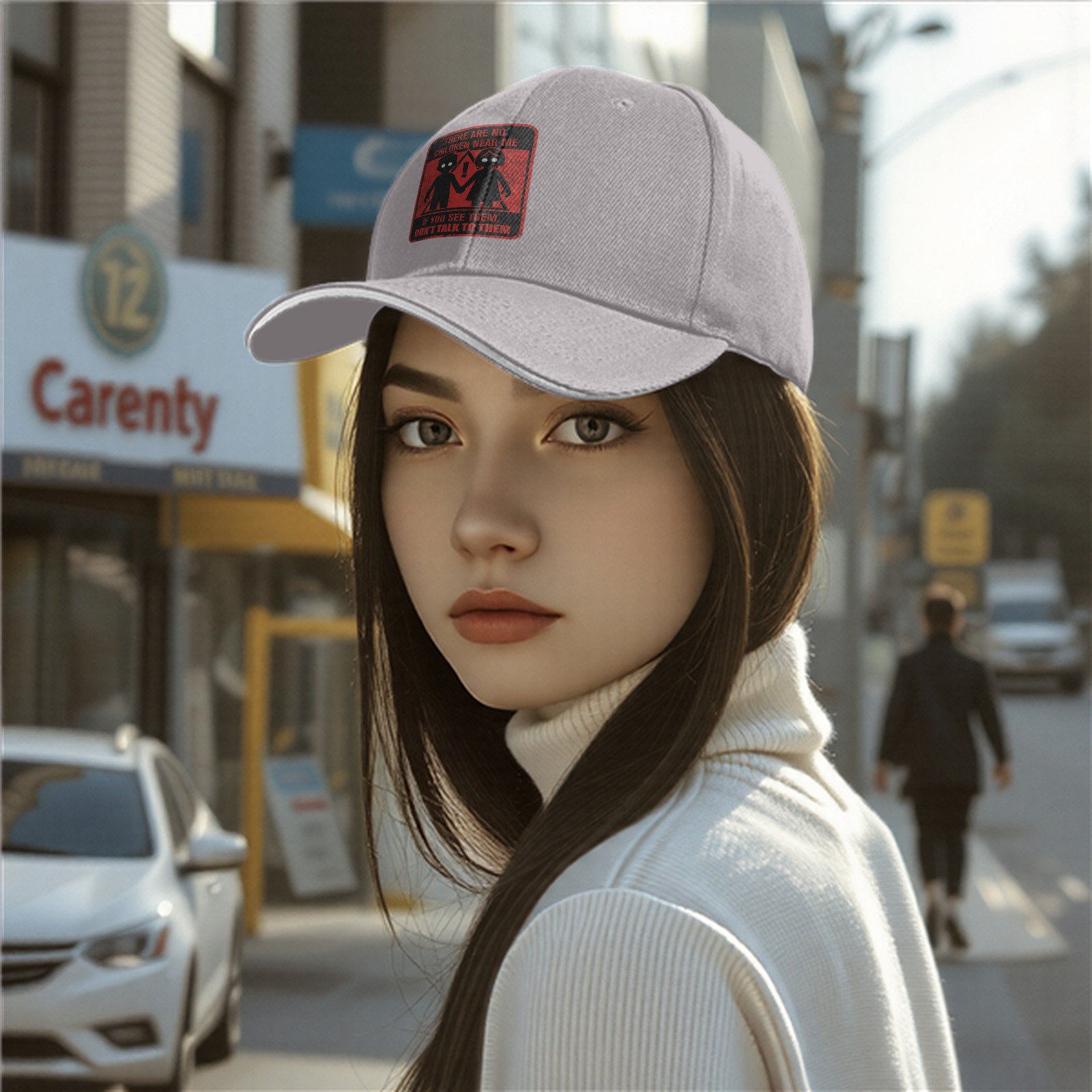 Black baseball cap with warning children graphic and text