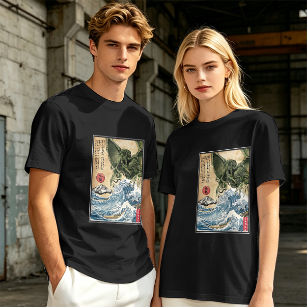 Olive T-shirt with Japanese ukiyo-e style Cthulhu wave print