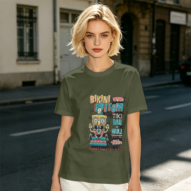 Olive T-Shirt with Bikini Bottom Tiki Bar Spongebob Graphic