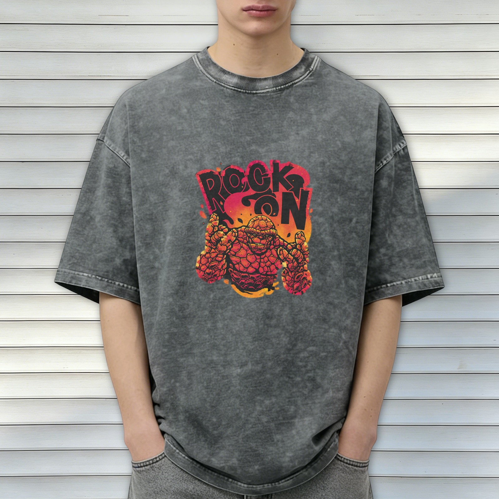Oversized Acid Wash T-Shirt with Rock On Superhero Graphic