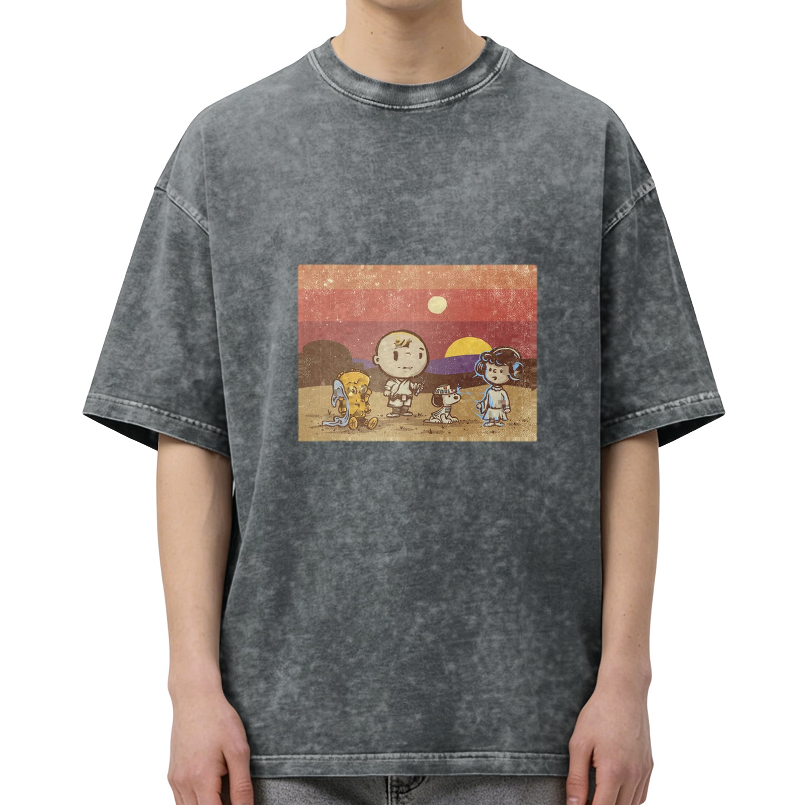 Vintage Washed T-Shirt with Peanuts Star Wars Mashup Desert Sunset Graphic