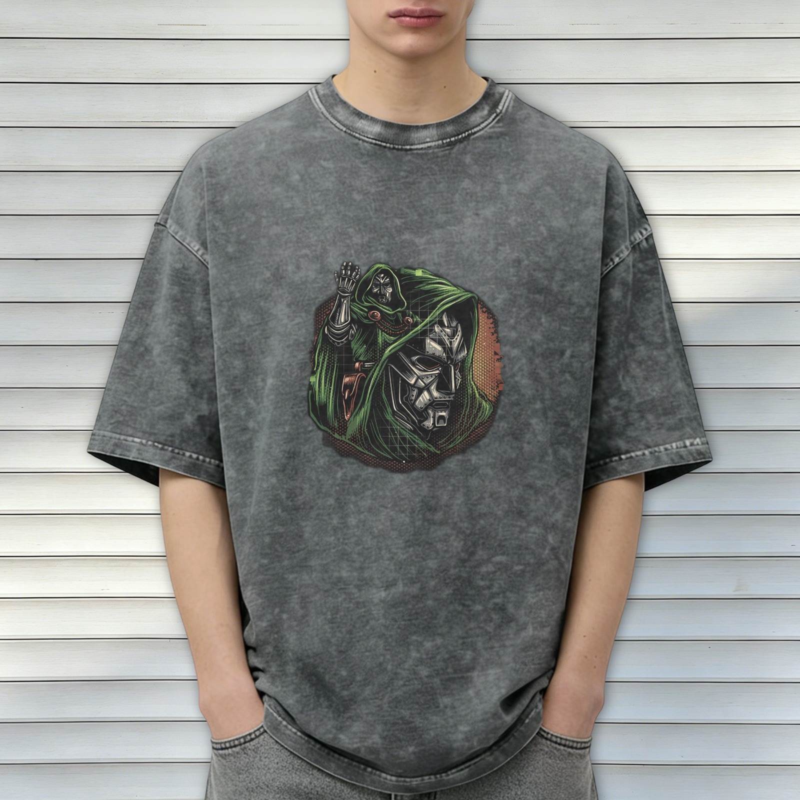 Oversized Acid Wash T-Shirt With Doom Villain Graphic