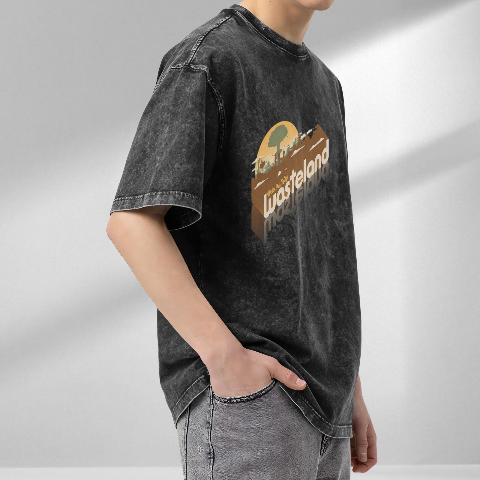 Oversized Acid Wash T-Shirt with Wasteland Graphic Print