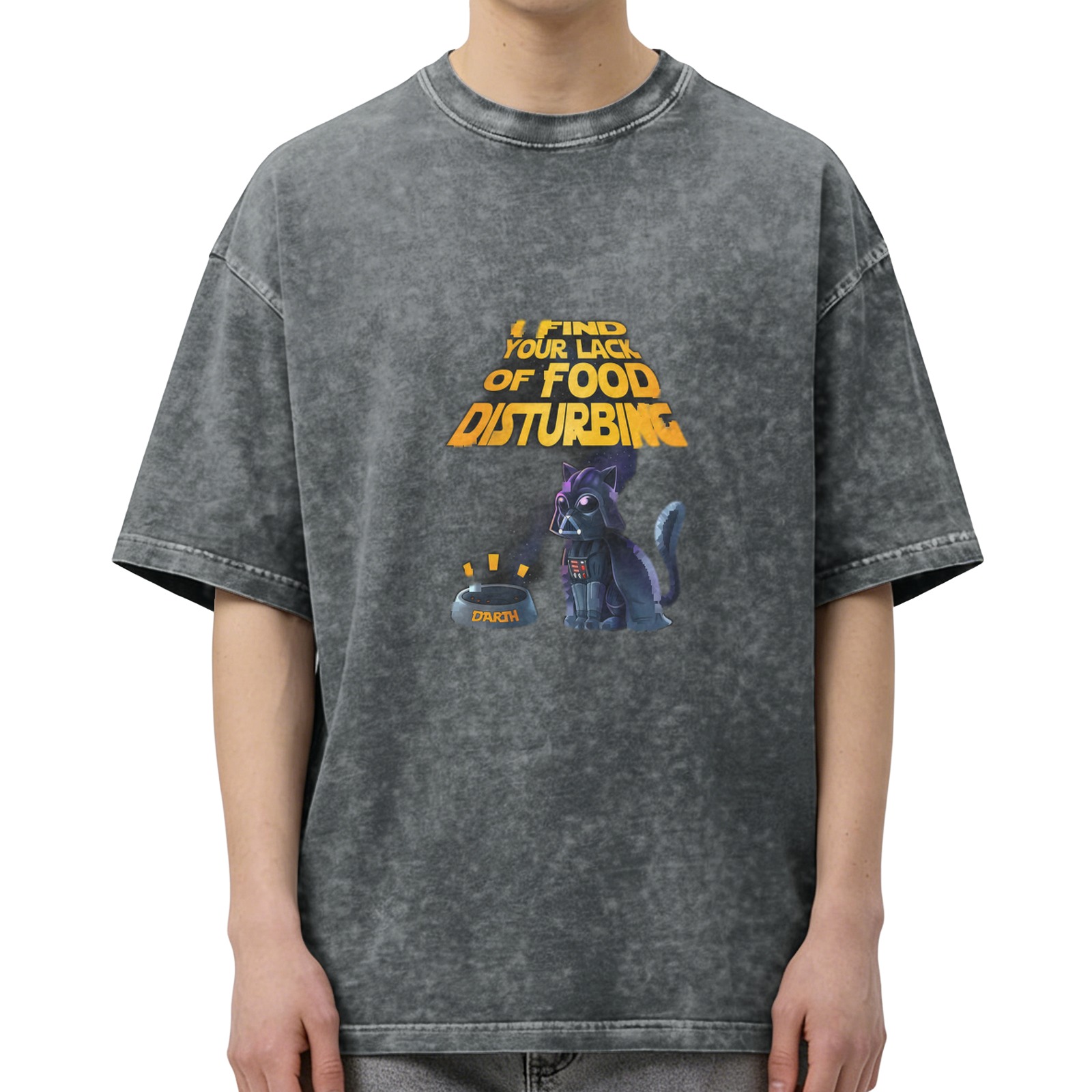 Washed black t-shirt with funny Darth Vader cat food quote