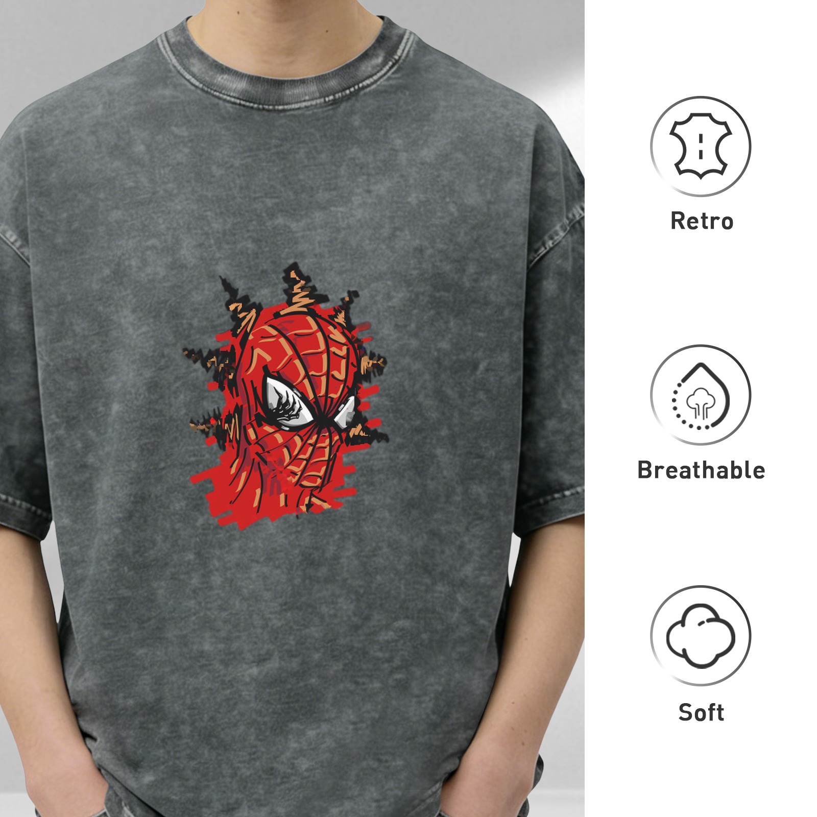 Oversized Acid Wash T-Shirt with Spider-Man Graphic Print