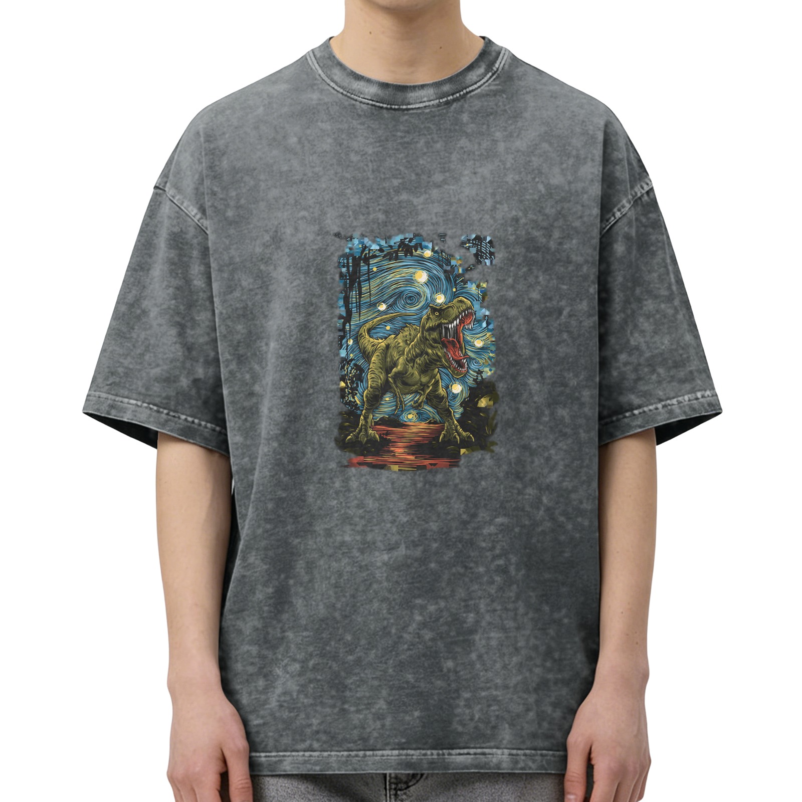 Washed Black T-Shirt with T-Rex Starry Night Graphic Print