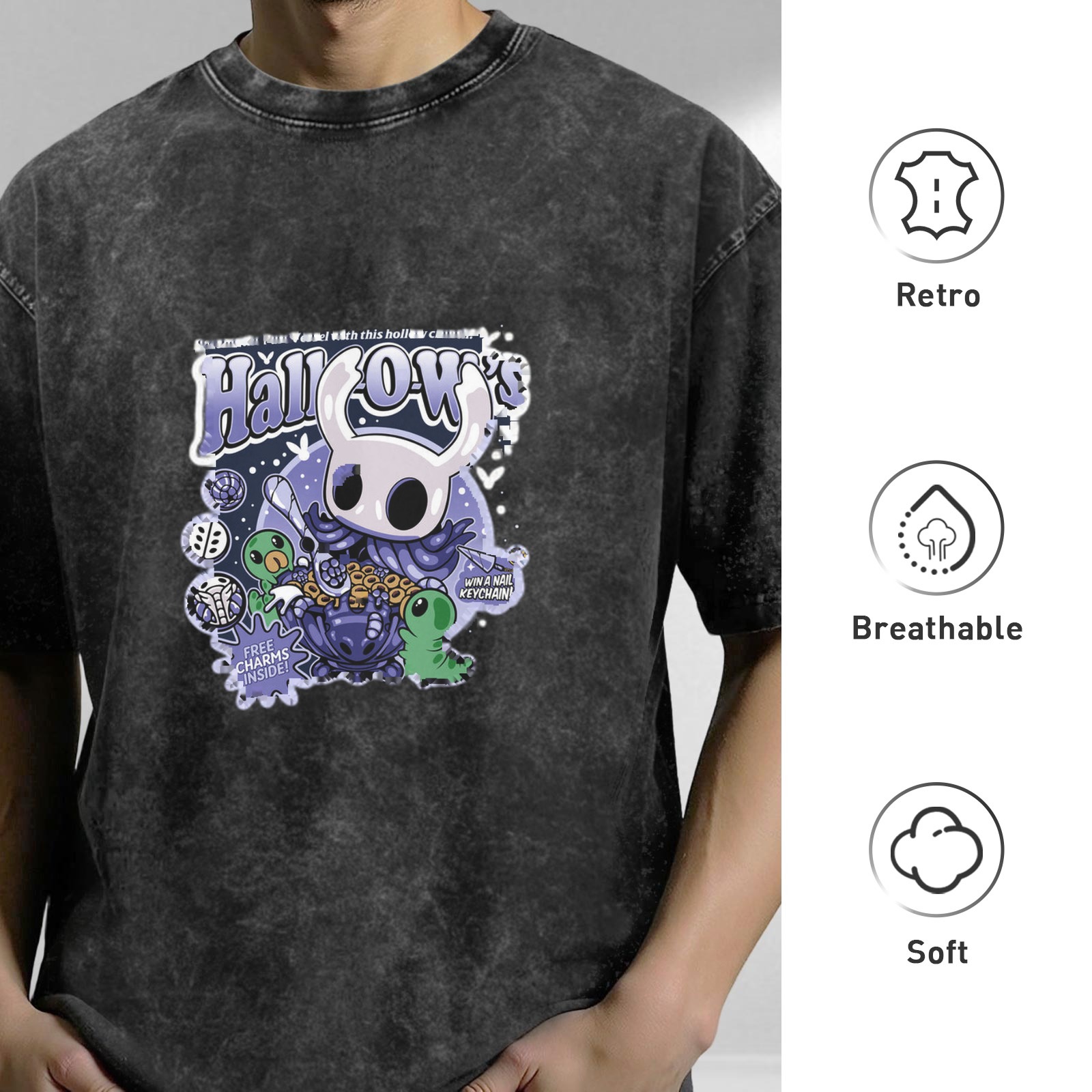 Hollow Knight themed washed distressed short-sleeved T-shirt dark style loose casual top