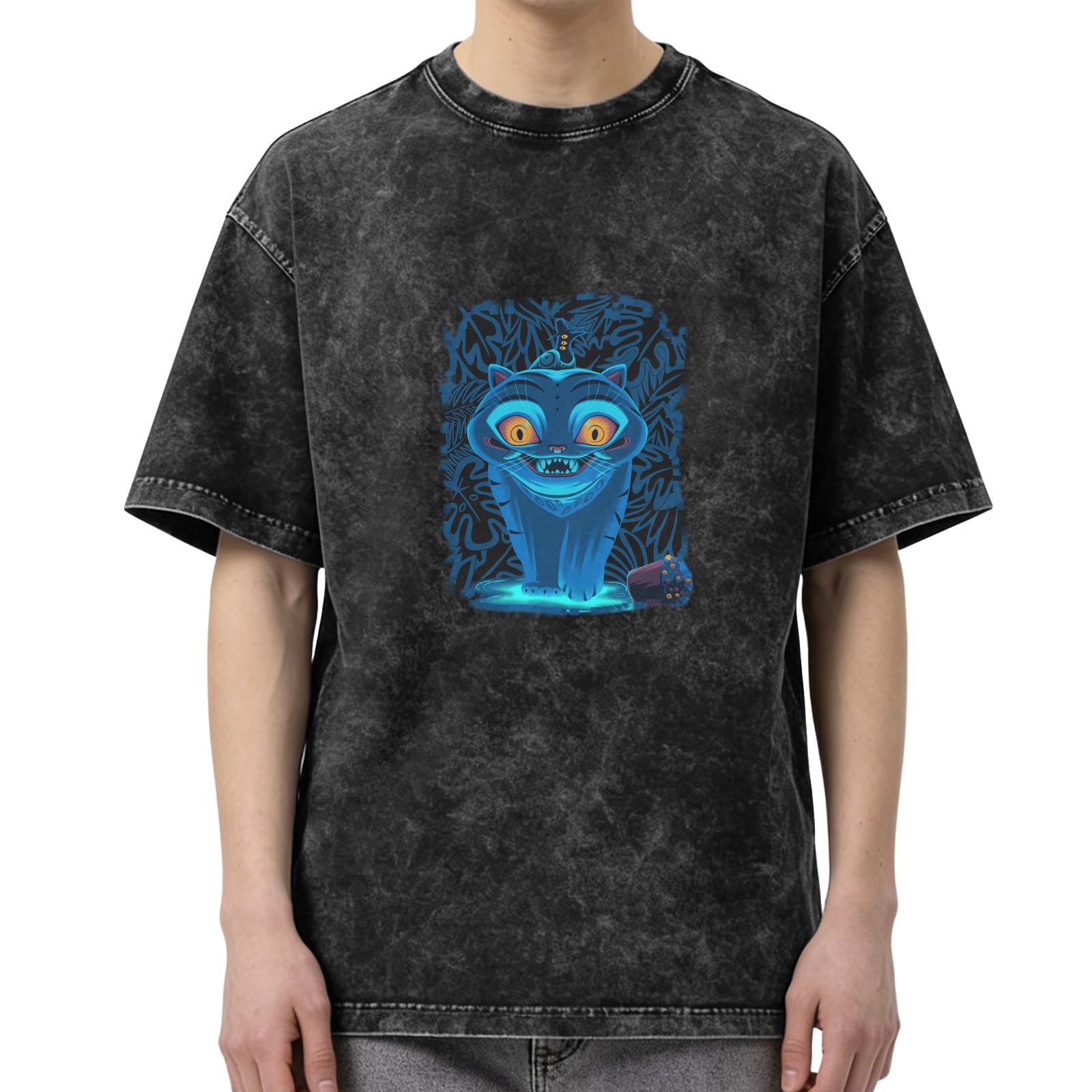 Distressed washed black loose short-sleeved T-shirt Cheshire Cat print