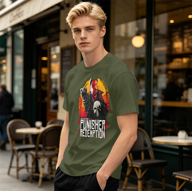 Olive Green Punisher Redemption Graphic T-Shirt
