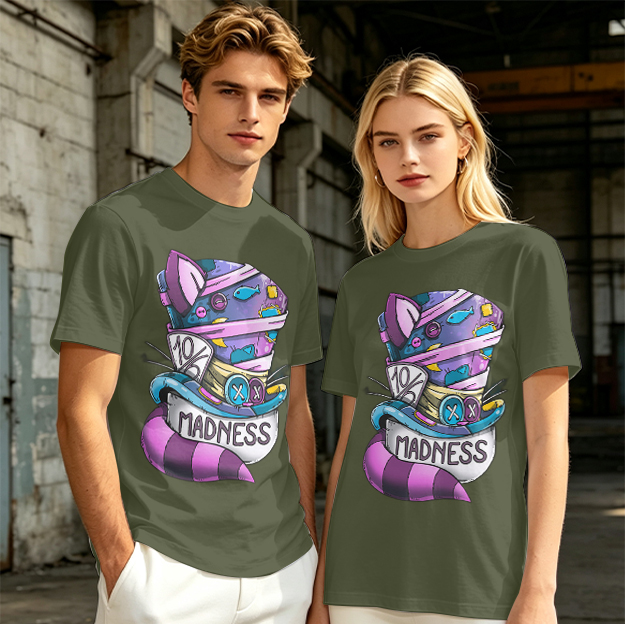 Olive T-Shirt With Mad Hatter Cheshire Cat Madness Graphic