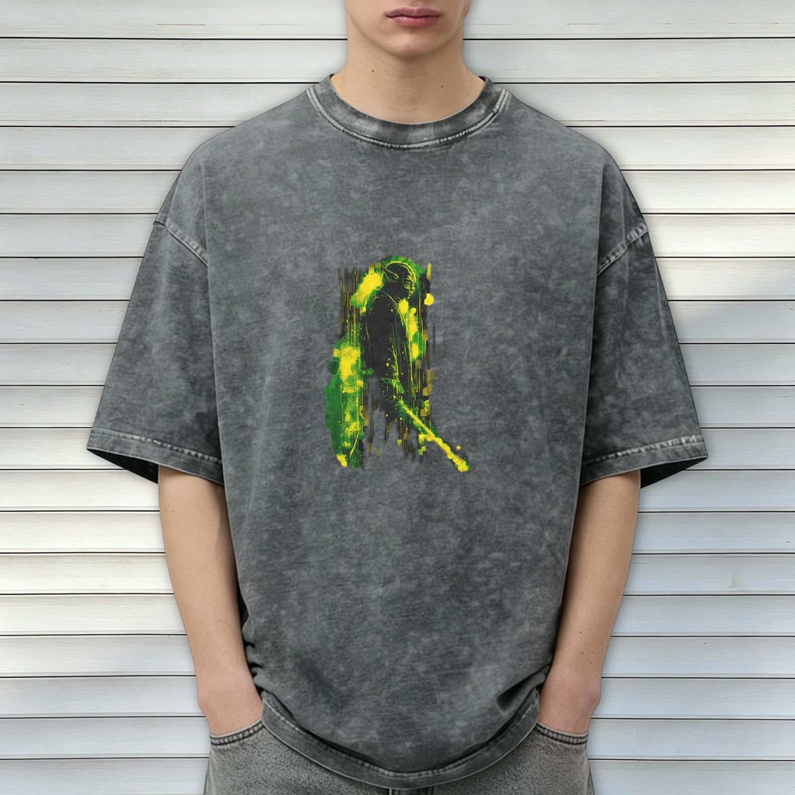 Oversized Acid Wash T-Shirt With Abstract Green Yellow Figure Print