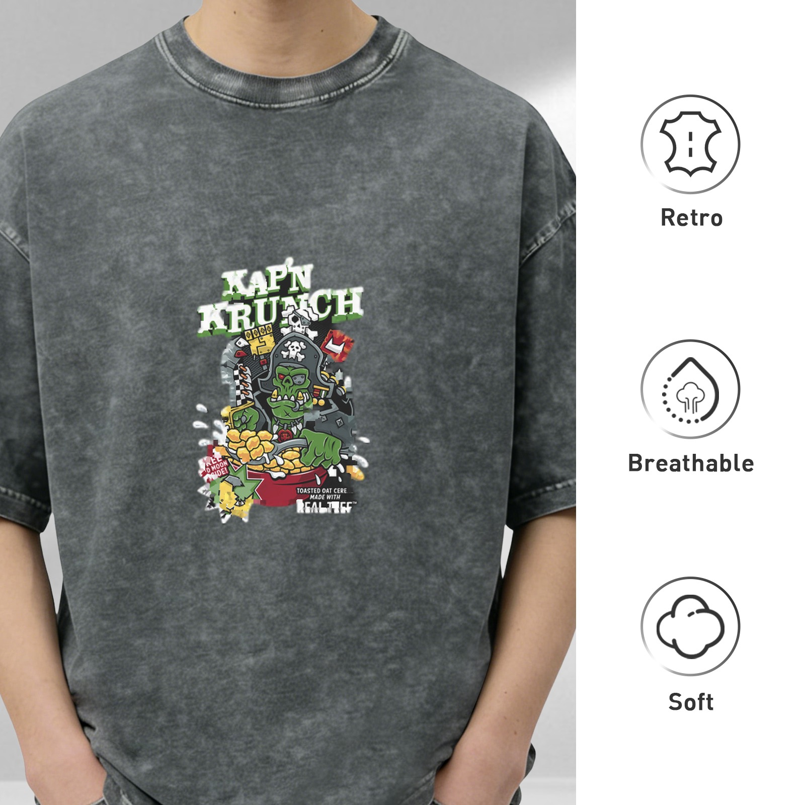 Men's Oversized Acid Wash Graphic T-Shirt - Kap'n Krunch Zombie Pirate Cereal Print - Black