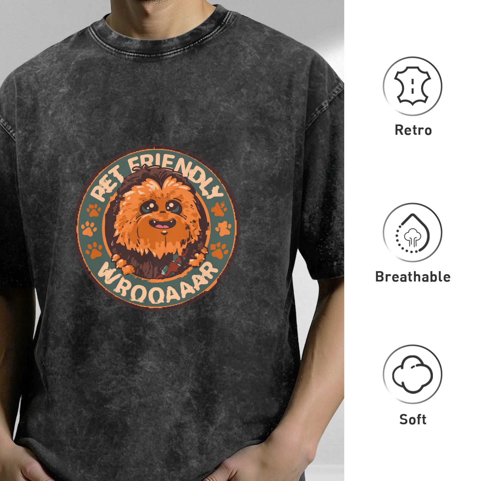 Pet Friendly Wrooar Chewbacca Graphic Acid Wash T-Shirt
