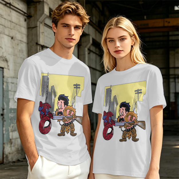 Olive T-shirt with Spider-Man and Hunter Cartoon Print