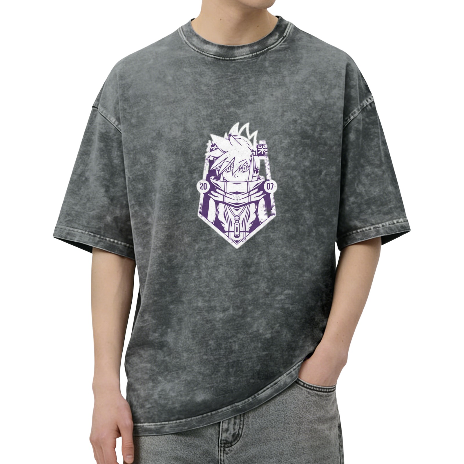 Oversized Acid Wash T-Shirt with Anime Character Graphic