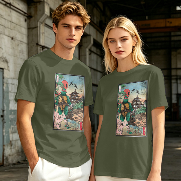 Olive T-Shirt with Ninja Turtle Ukiyo-e Style Art Print