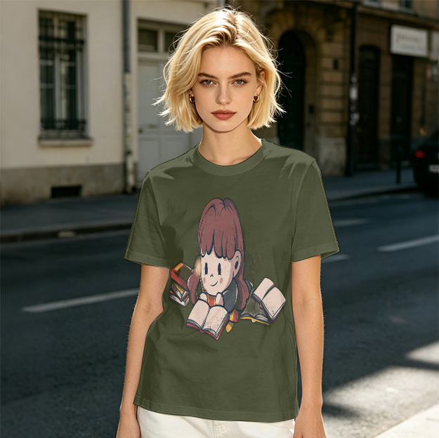Olive T-shirt with Charming Girl Reading Books Graphic