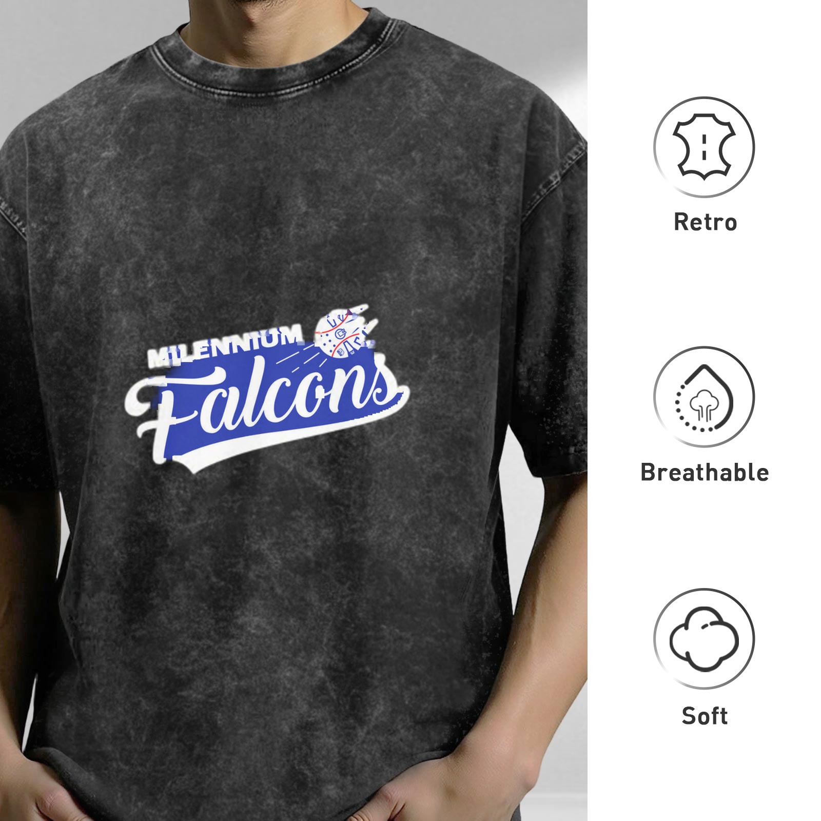 Washed Black Graphic T-Shirt with Millennium Falcons Print