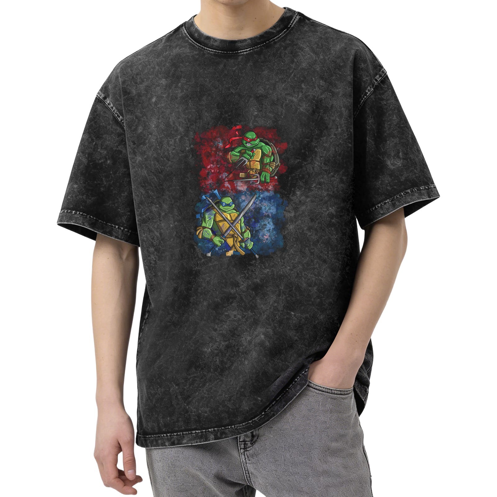 Washed Black Oversized T-Shirt with Teenage Mutant Ninja Turtles Graphic