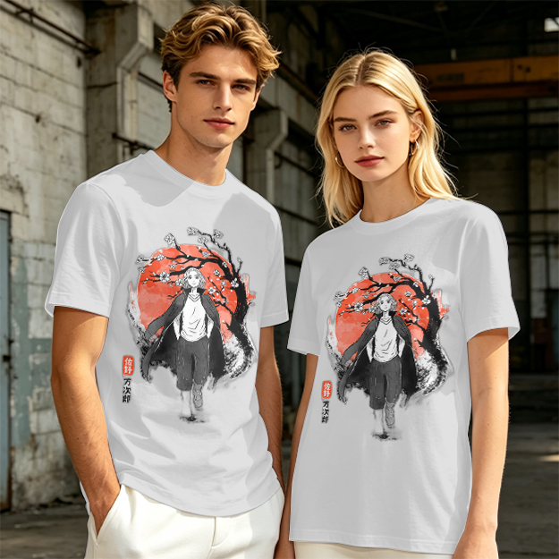 Anime Character with Cherry Blossom Red Moon Graphic T-Shirt
