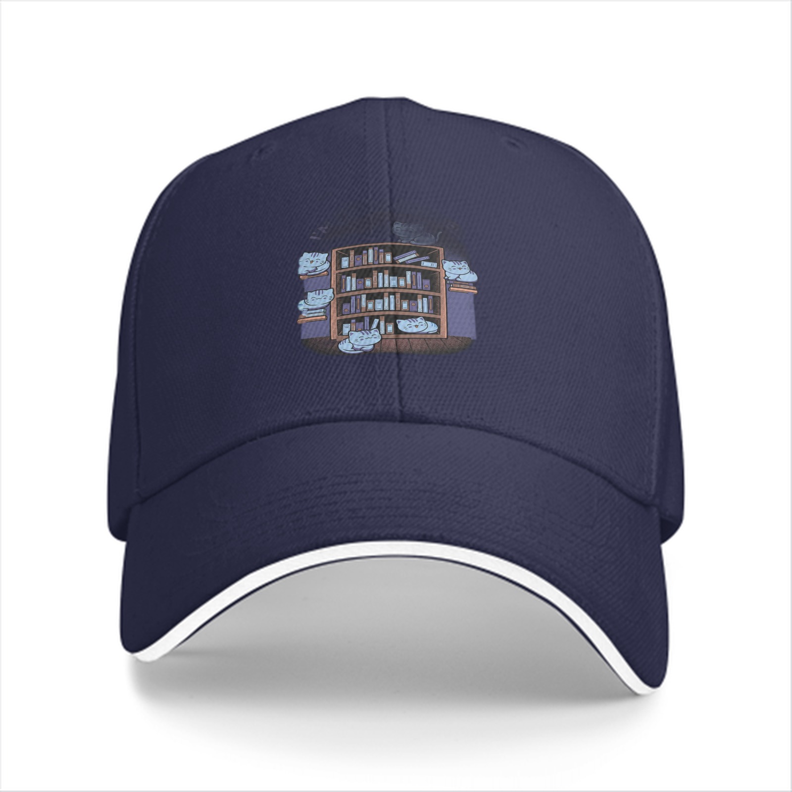 Black baseball cap with cute cats on bookshelf graphic