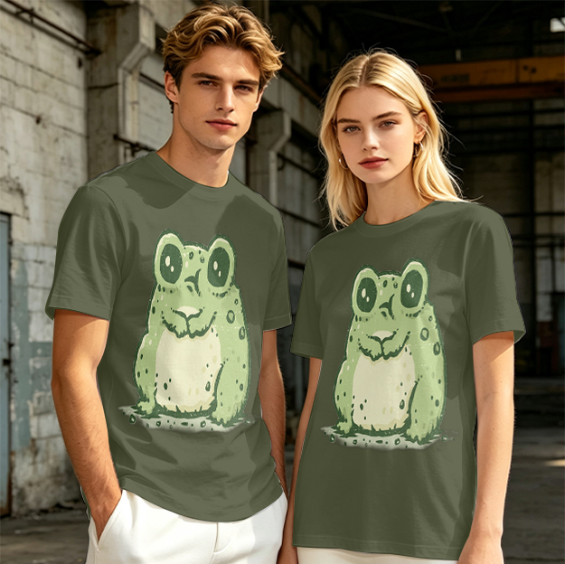 Olive Green T-Shirt With Cute Cartoon Frog Graphic Print