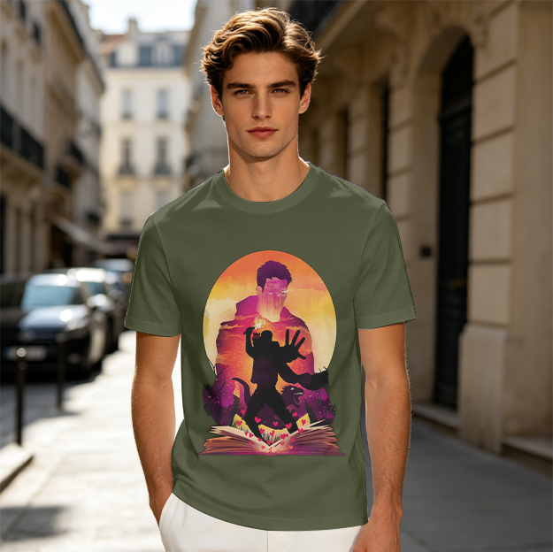 Olive T-Shirt With Fantasy Sunset Silhouette Graphic Print