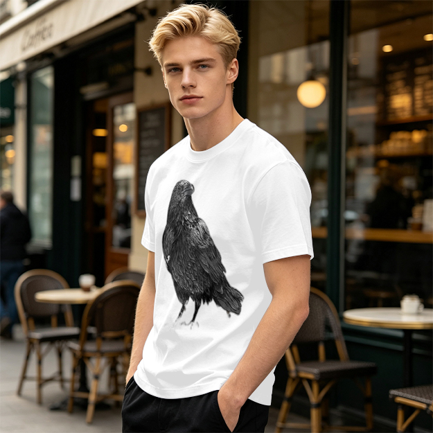 Olive Green T-Shirt With Detailed Raven Graphic Print