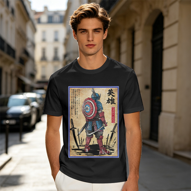 Olive T-shirt with Samurai Captain America Hero Art Print