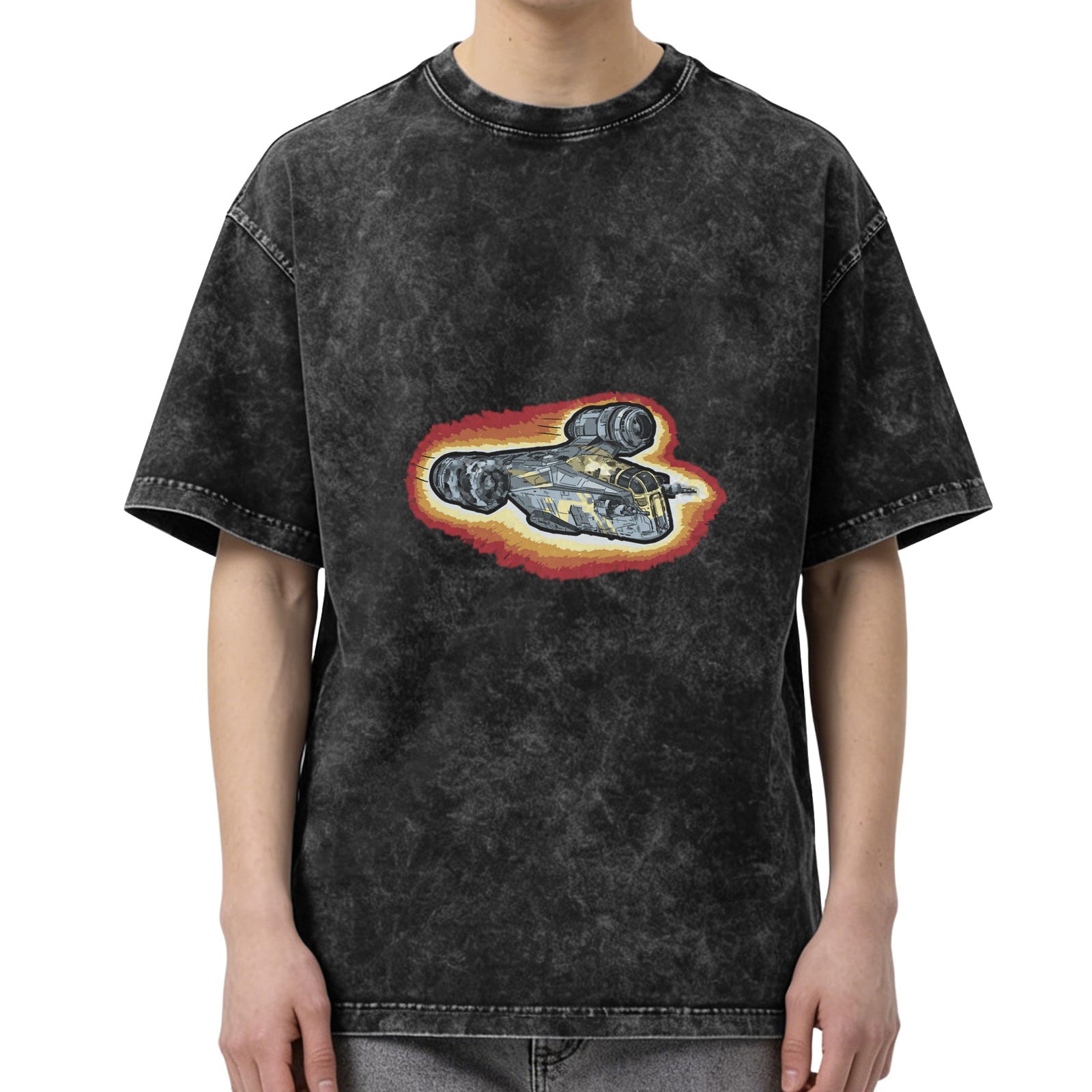 Oversized Acid Wash T-Shirt With Flying Spaceship Graphic