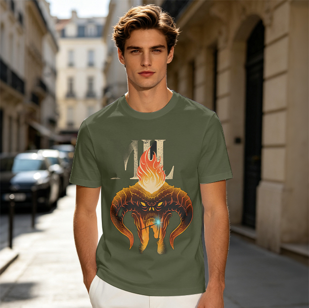 Olive T-Shirt With Fiery Horned Demon Skull Graphic Print