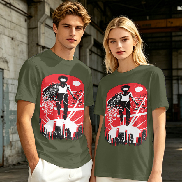 Olive T-Shirt With Anime Superhero Over City Graphic