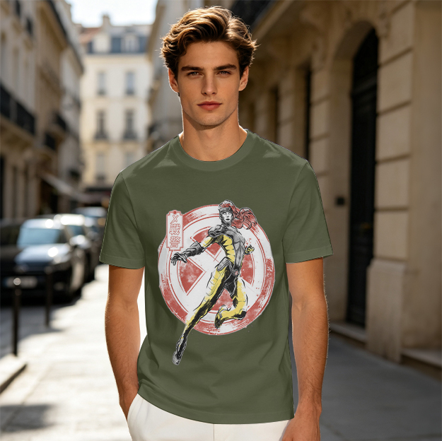 Olive T-shirt with X-Men style superhero graphic print