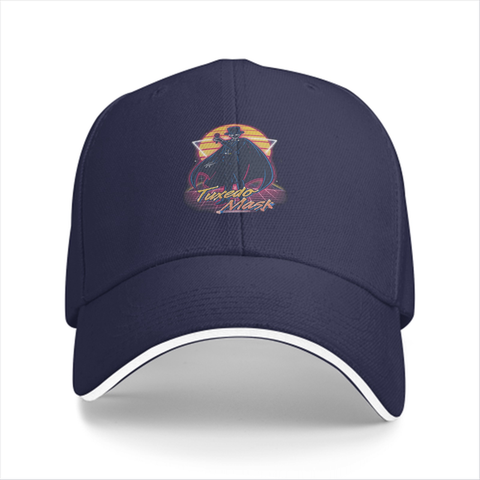 Black baseball cap with retro Tuxedo Mask graphic print