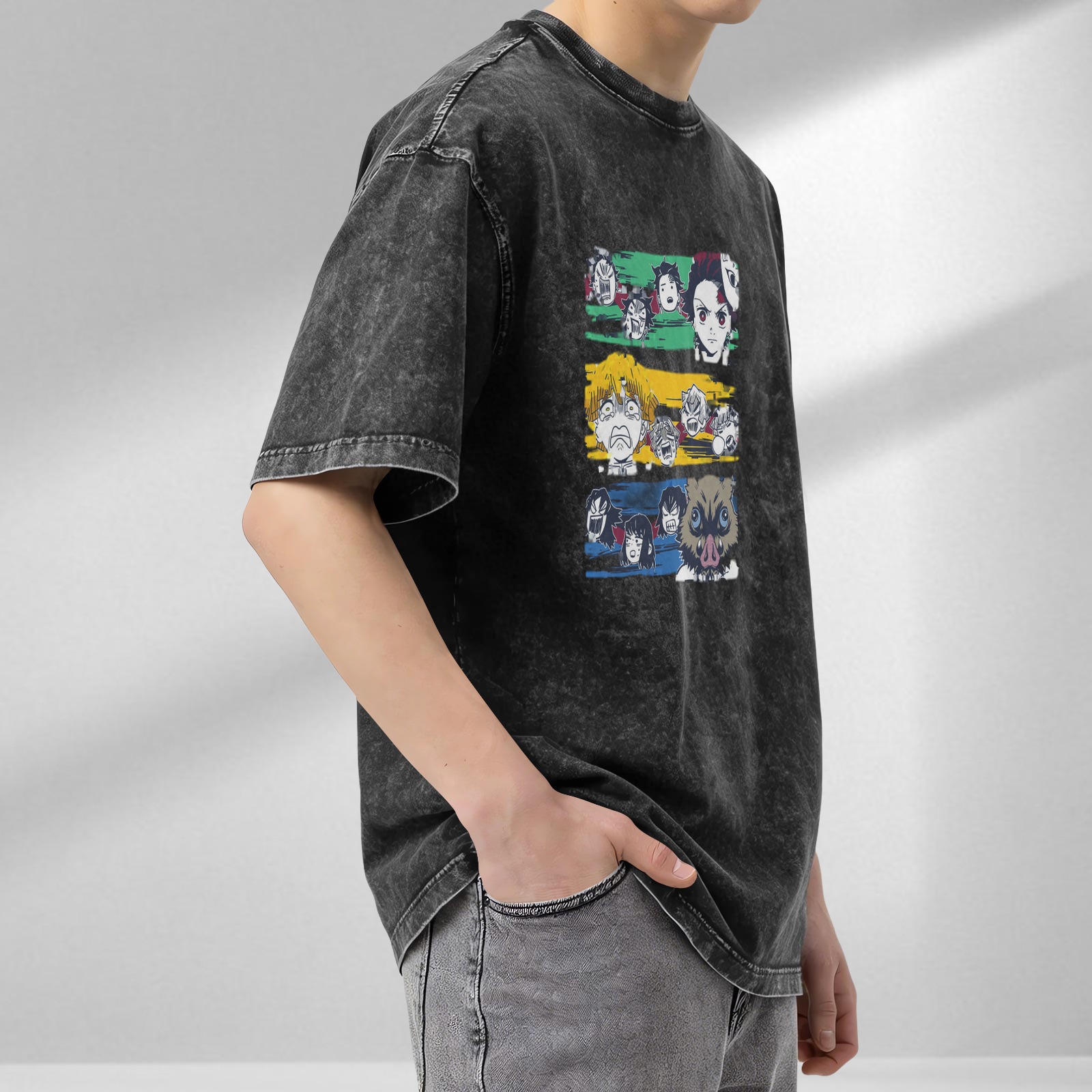 Demon Slayer Anime Character Graphic Oversized Stone Wash T-Shirt