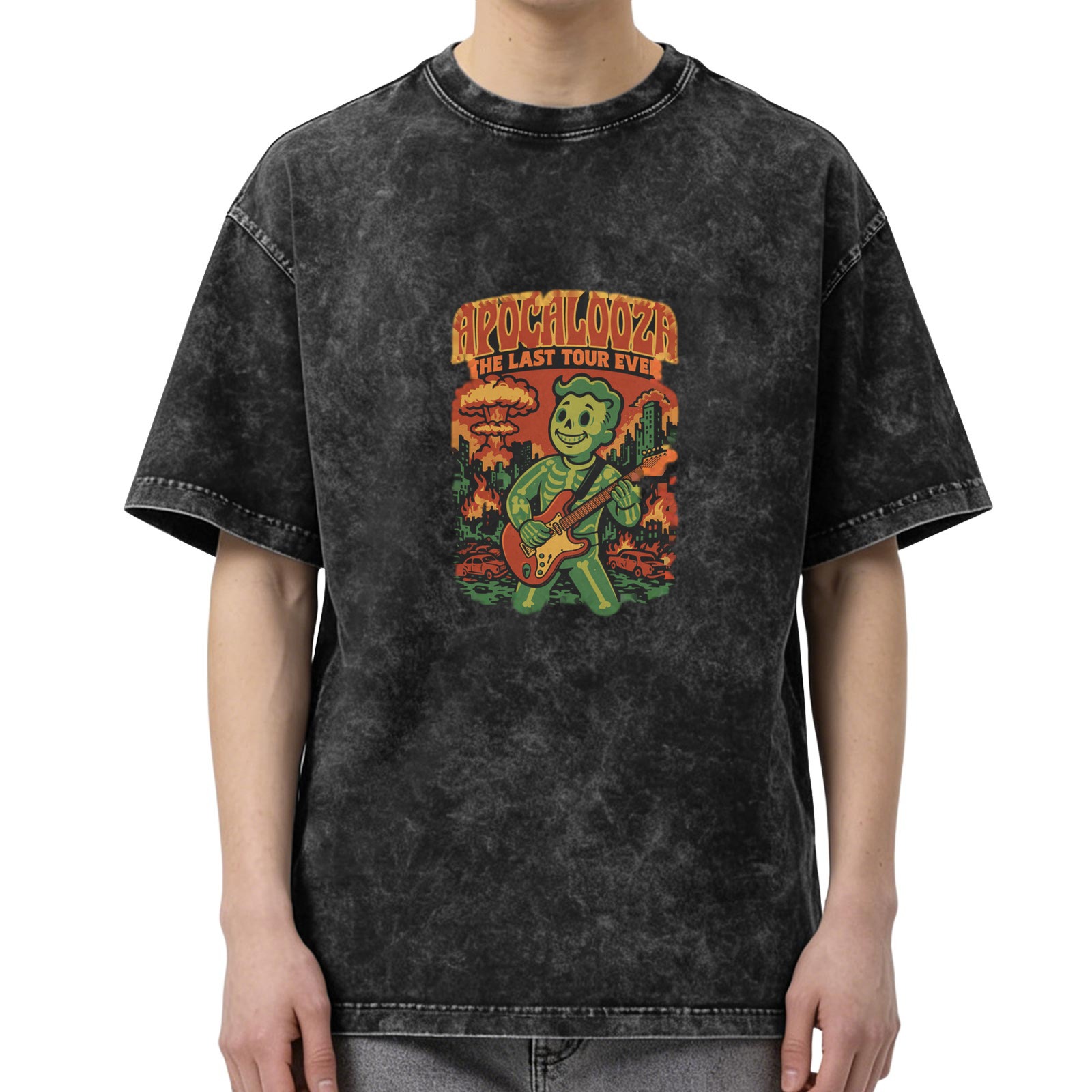 Washed Black Graphic T-Shirt with Apocalypse Themed Skeleton Guitar Design