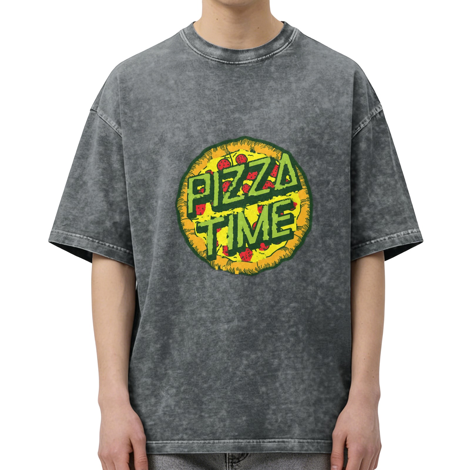 oversized acid wash t-shirt with pizza time graphic print